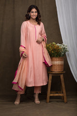Peach Tucks Silk Kurta Set
