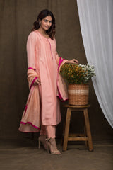 Peach Tucks Silk Kurta Set