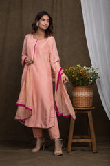 Peach Tucks Silk Kurta Set