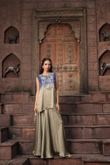 Blue-Olive Shaded Set With Mirror Embroidery