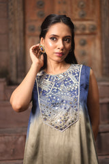 Blue-Olive Shaded Set With Mirror Embroidery