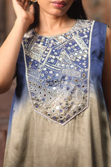 Blue-Olive Shaded Set With Mirror Embroidery