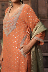 Kurta Set with Intricate Golden Dori Embroidery Paired with Pants & Tissue Dupatta