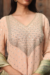 Kurta Set with Intricate Golden Dori Embroidery Paired with Pants & Tissue Dupatta