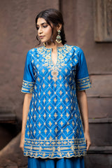 Blue Silk Sharara Set With Dori Embroidery