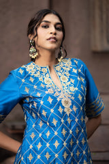 Blue Silk Sharara Set With Dori Embroidery