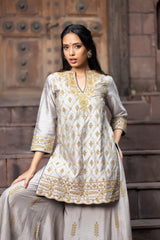Grey Silk Sharara Set With Dori Embroidery
