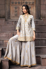 Grey Silk Sharara Set With Dori Embroidery