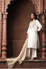Kurta Set with Intricate Golden Dori Embroidery Paired with Pants & Georgette Dupatta