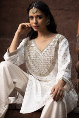 Kurta Set with Intricate Golden Dori Embroidery Paired with Pants & Georgette Dupatta