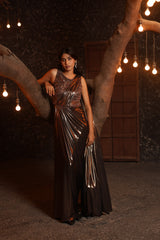 Bronze Embroidered Saree Gown