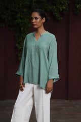 Green Twill Dori Embroidered Top
