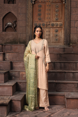 Kurta Set with Intricate Golden Dori Embroidery Paired with Pants & Tissue Dupatta
