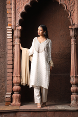 Kurta Set with Intricate Golden Dori Embroidery Paired with Pants & Georgette Dupatta