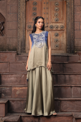 Blue-Olive Shaded Set With Mirror Embroidery
