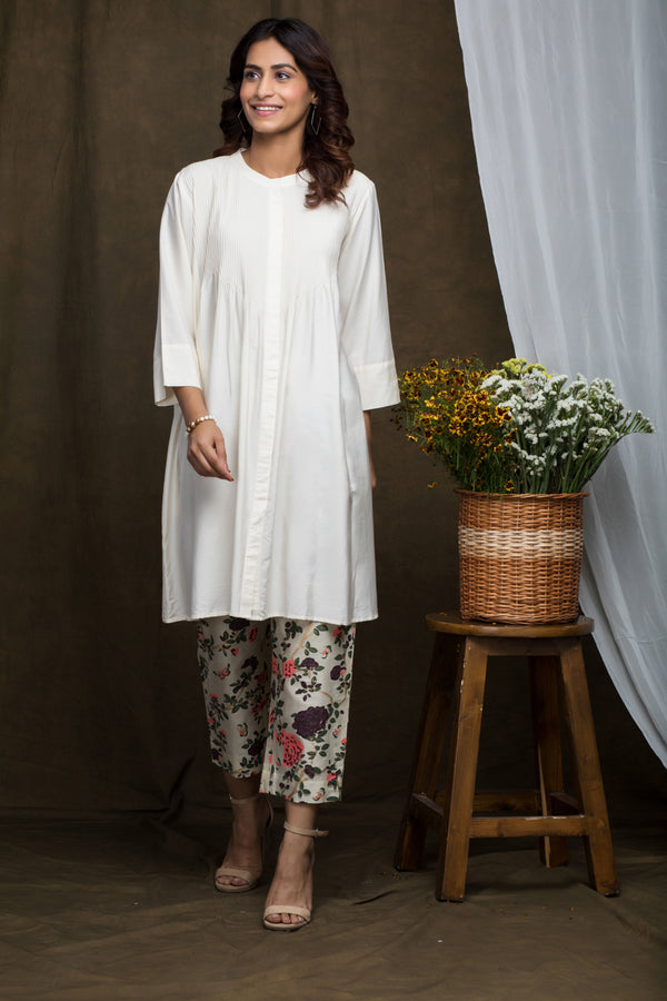 Pintucks Cotton Silk Tunic With Printed Pants