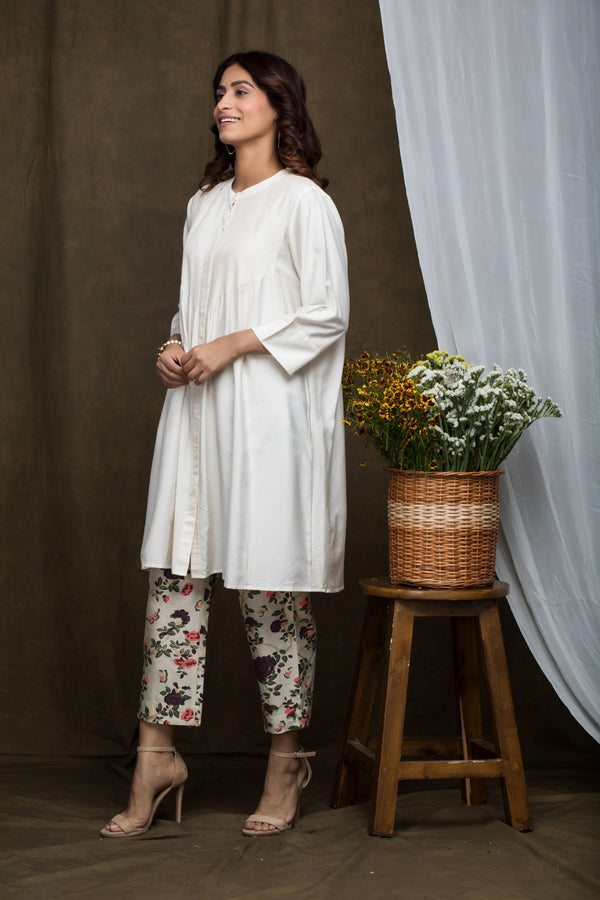 Pintucks Cotton Silk Tunic With Printed Pants