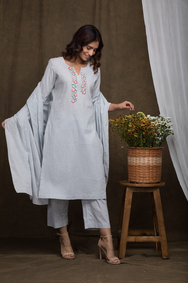 Cotton Embroidered Tucks Kurta Set