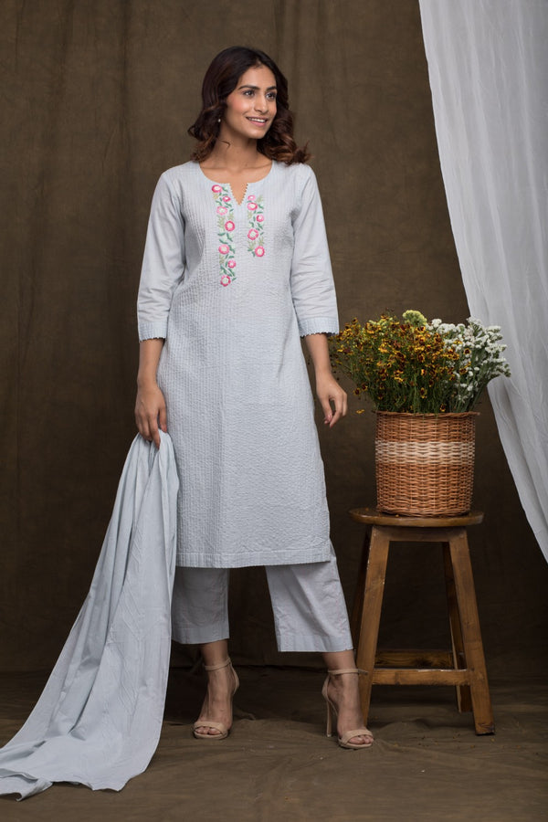 Cotton Embroidered Tucks Kurta Set