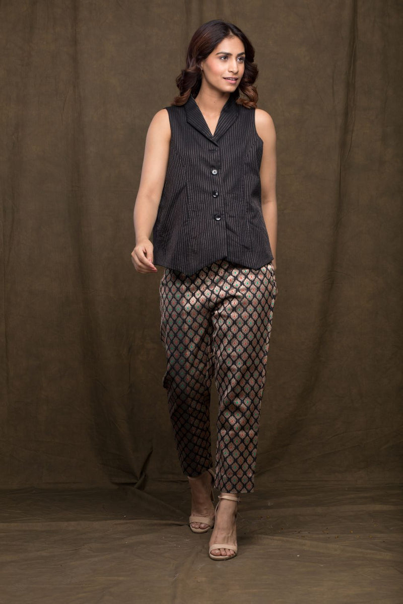 Silk Tucks Waist Coat With Brocade Pants