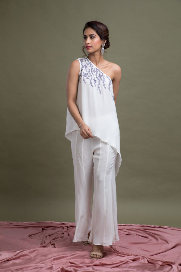 One Shoulder Asymmetrical Embroidered Top With Pants