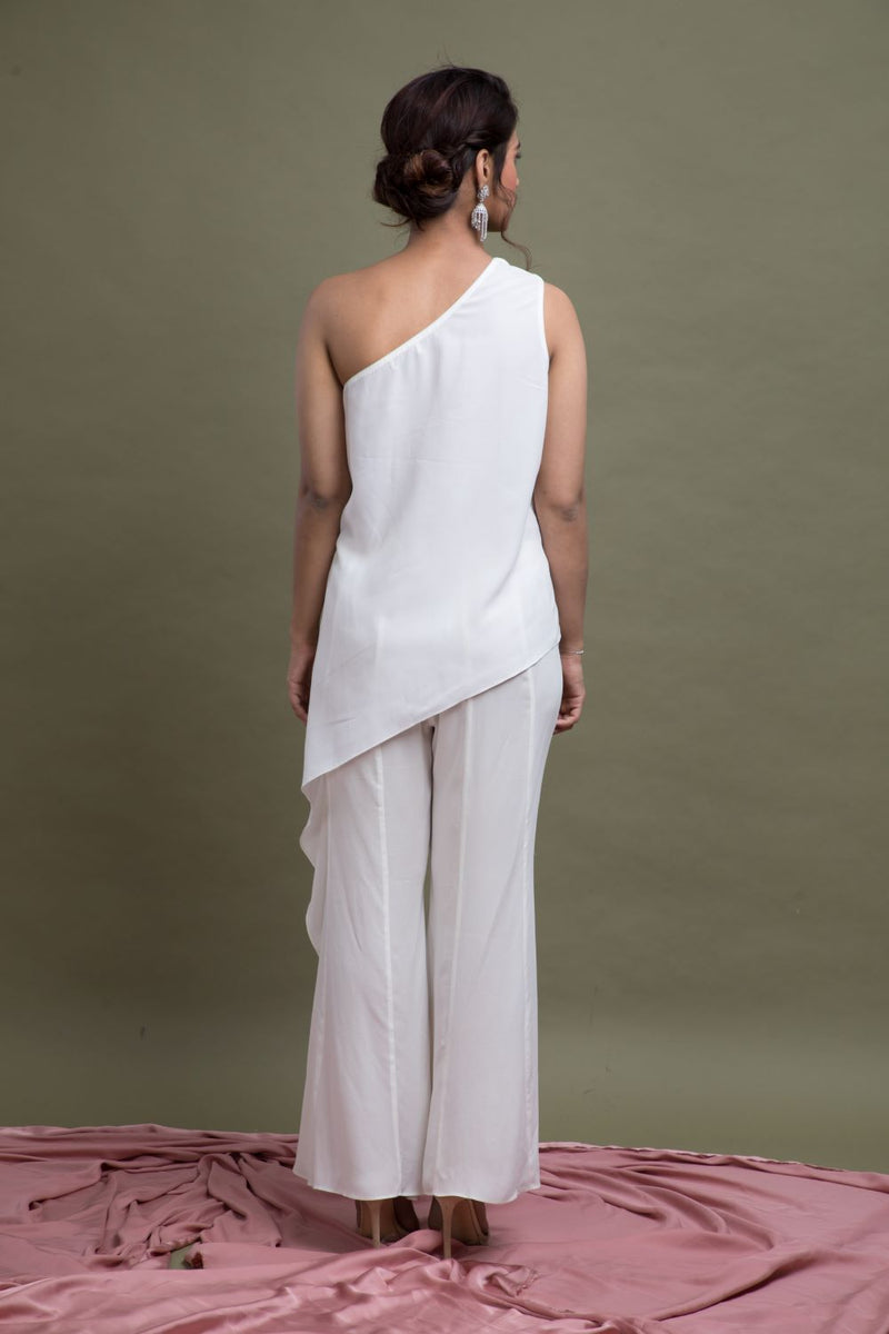 One Shoulder Asymmetrical Embroidered Top With Pants