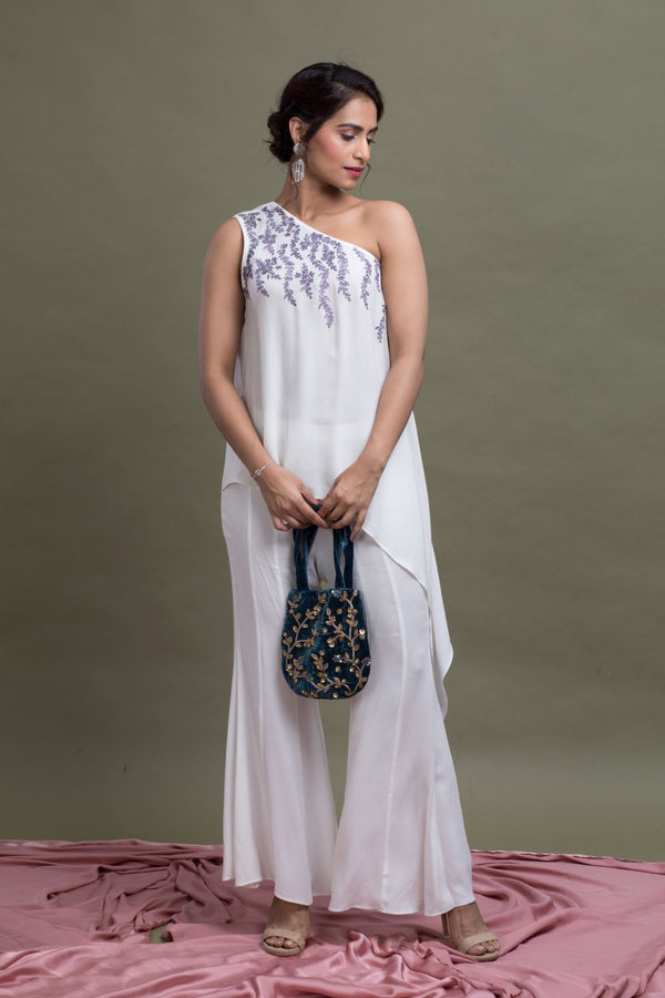 One Shoulder Asymmetrical Embroidered Top With Pants