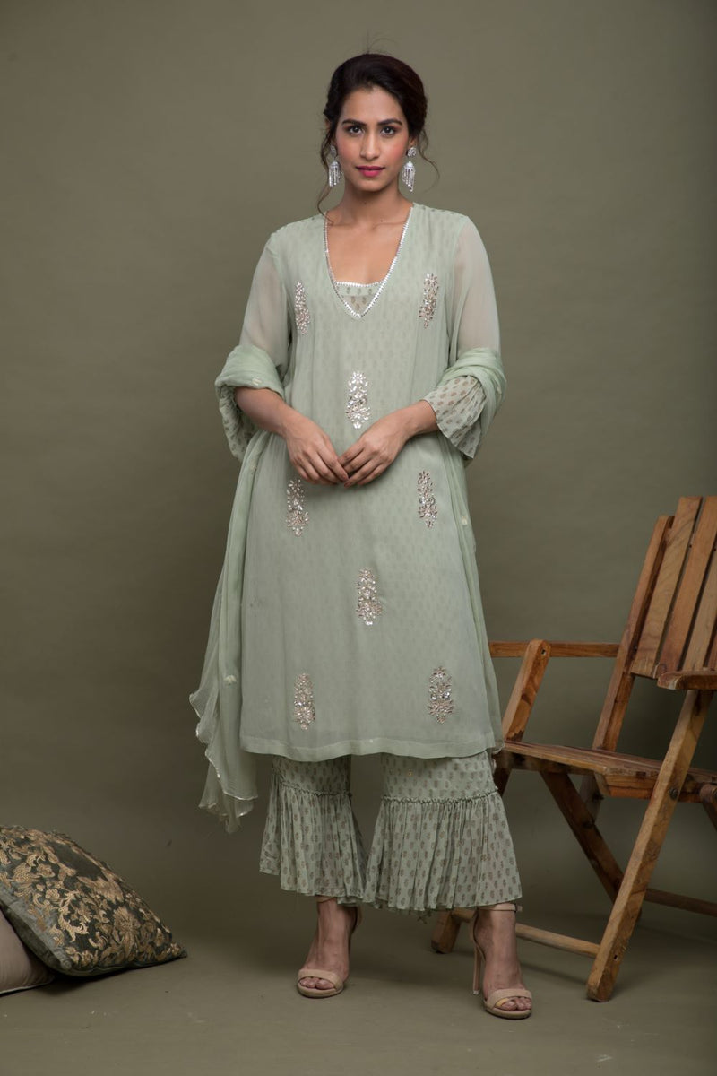 Gota Embroidered Block Printed Sharara Set