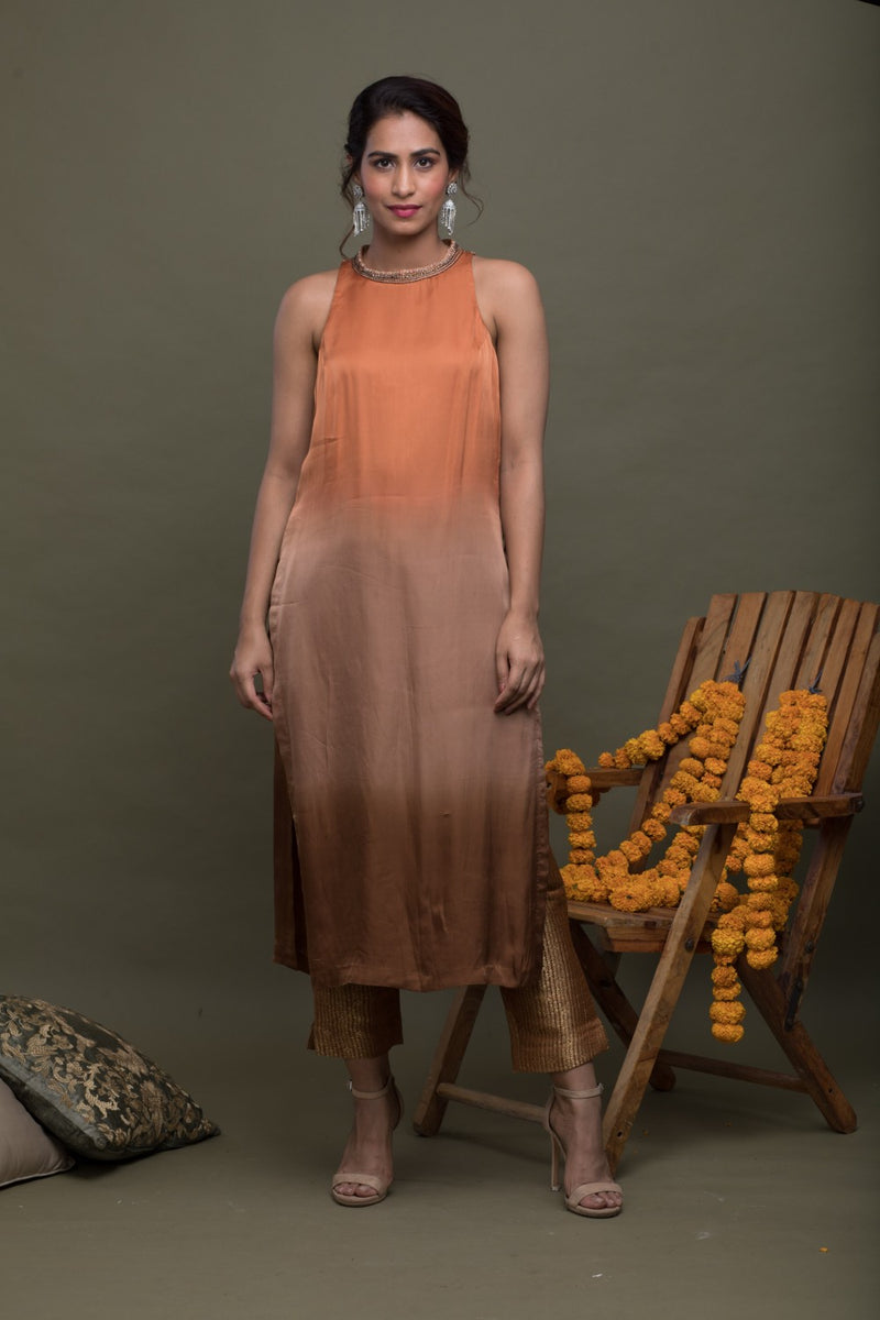 Ombre Embroidered Kurta With Brocade Pants