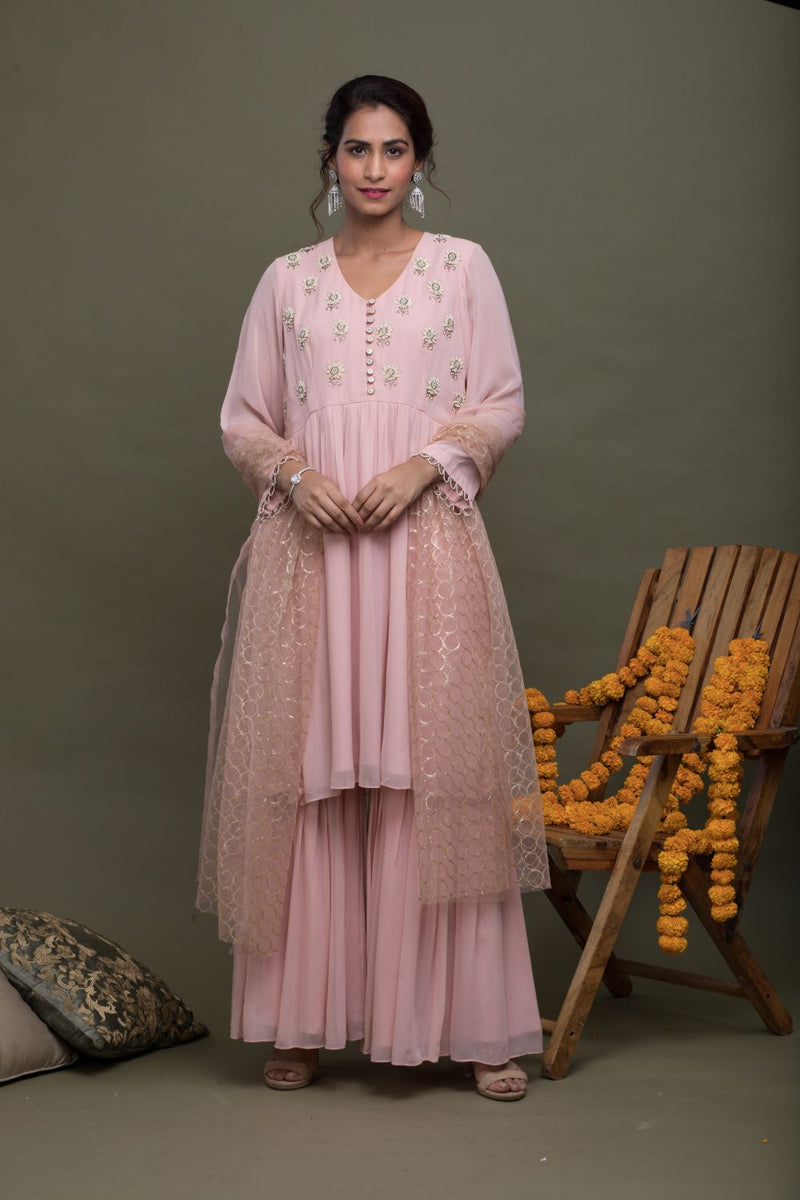 Blush Pink Pearl Embroidered Yoke With Sharara