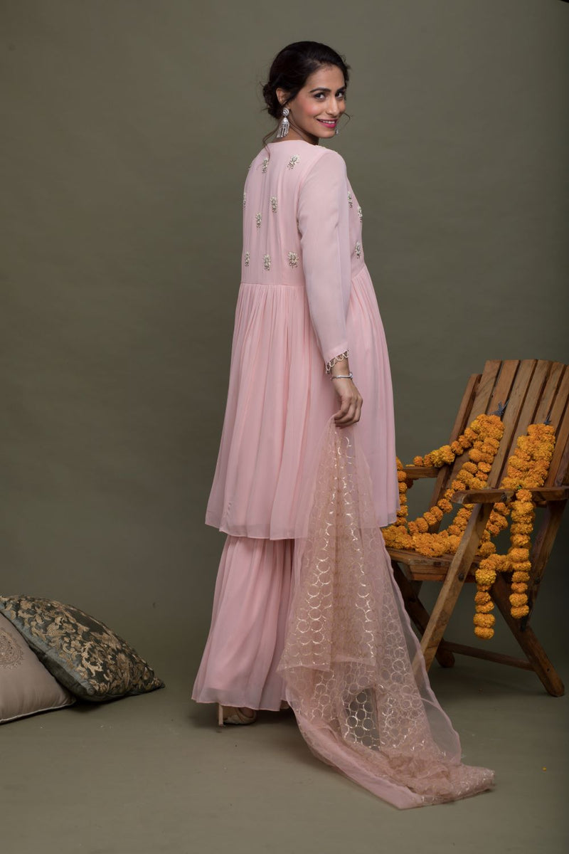 Light Pink Georgette Hand Crafted Gharara Set