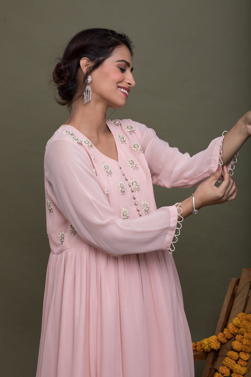 Blush Pink Pearl Embroidered Yoke With Sharara