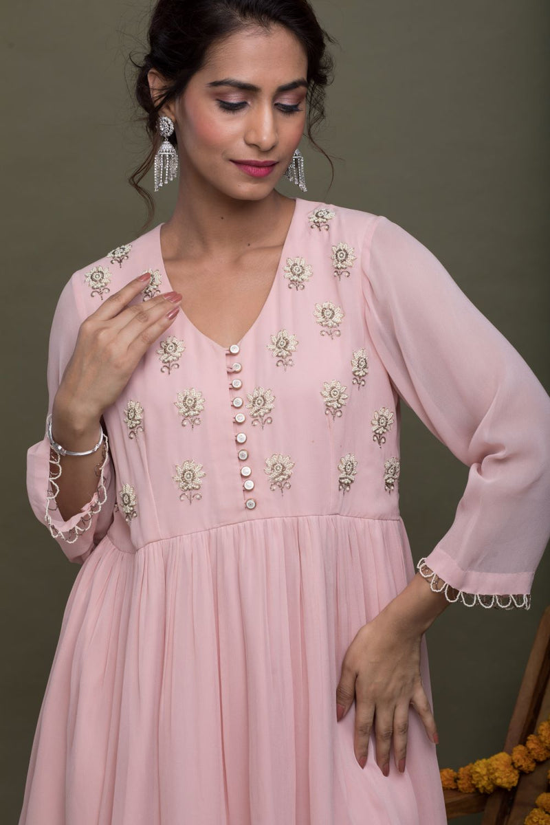 Blush Pink Pearl Embroidered Yoke With Sharara