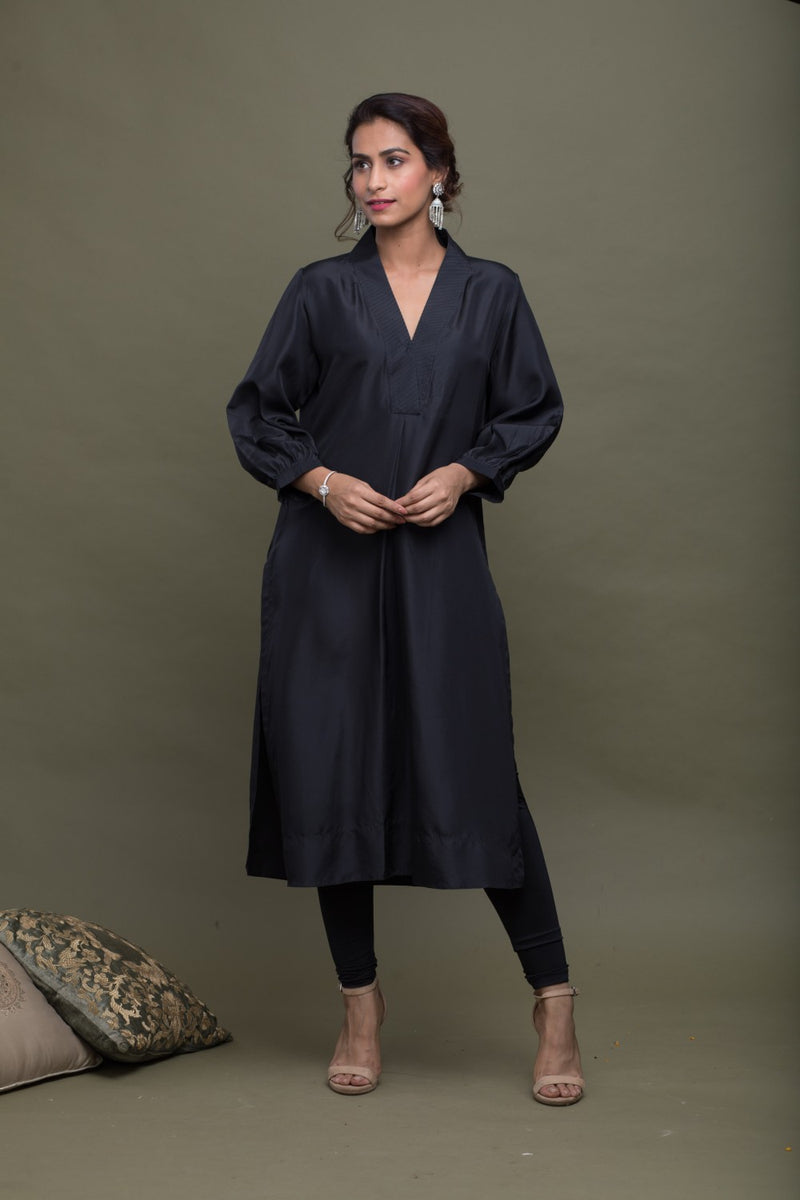 Black Silk Collared Kurta