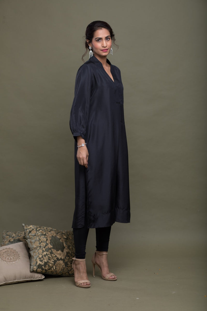 Black Silk Collared Kurta