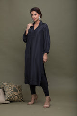 Black Silk Collared Kurta