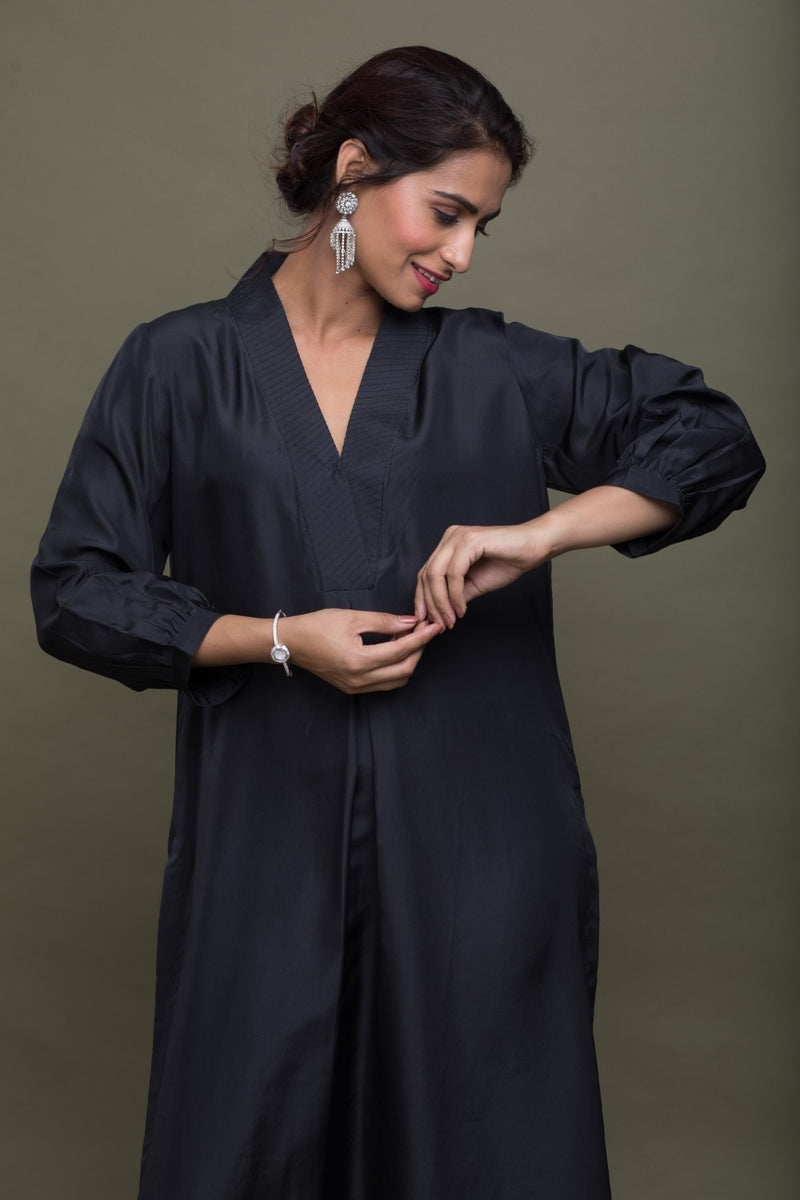 Black Silk Collared Kurta