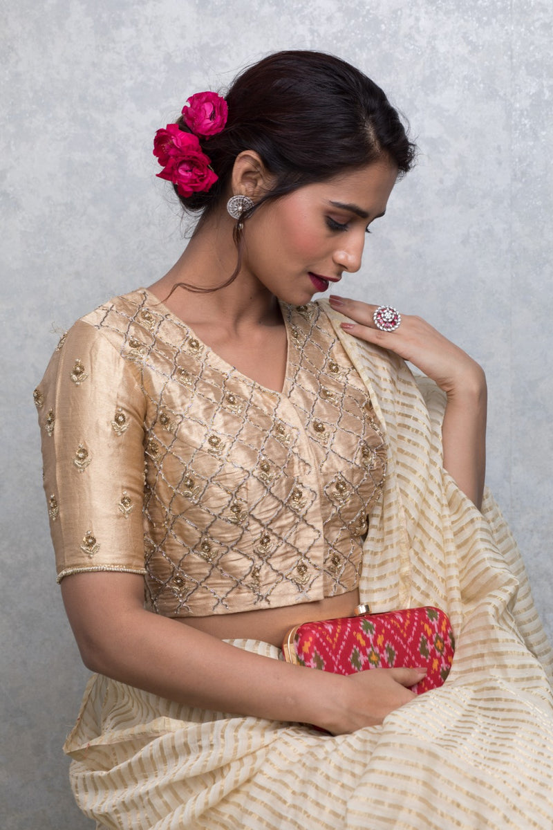 Intricately Hand Embroidered Golden tissue blouse