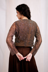 V- Neck Brown Embroidered Sharara Set