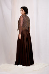 V- Neck Brown Embroidered Sharara Set