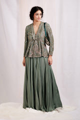Green Organza Hand Embroidered Jacket With Plazo