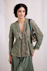 Green Organza Hand Embroidered Jacket With Plazo