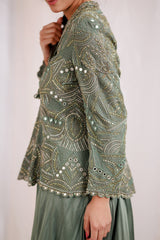 Green Organza Hand Embroidered Jacket With Plazo