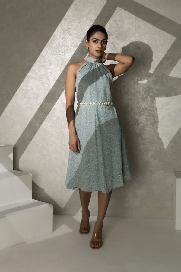 Halter Neck Glitter Dress with Embellished Waist