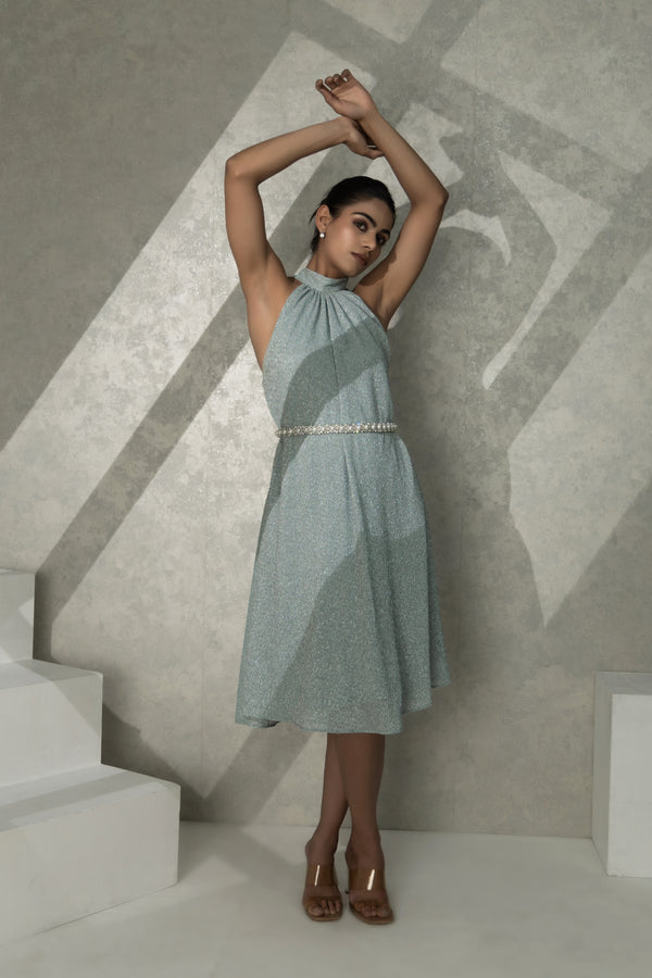 Halter Neck Glitter Dress with Embellished Waist