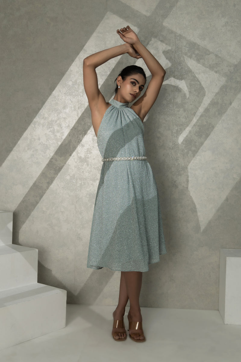 Halter Neck Glitter Dress with Embellished Waist