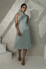 Halter Neck Glitter Dress with Embellished Waist