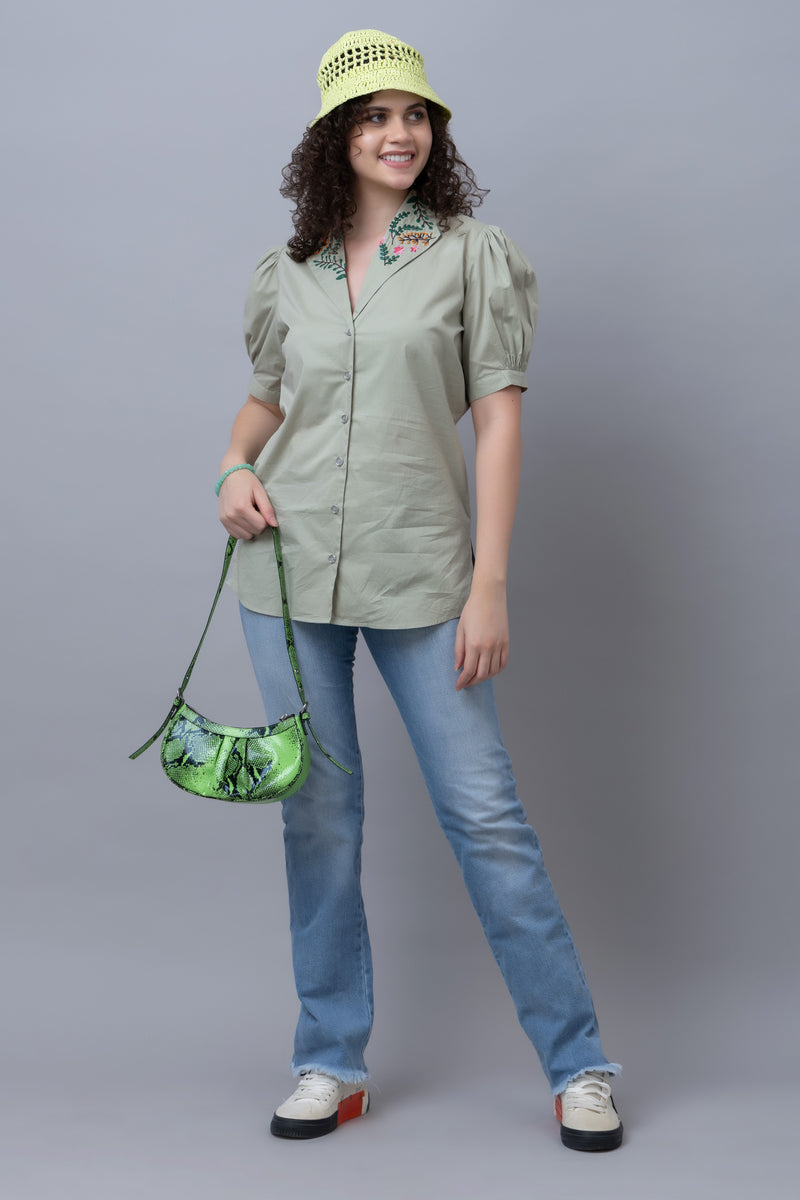 Cotton Shirt With Embroidered Collar