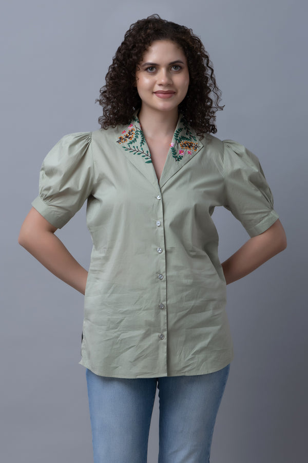 Cotton Shirt With Embroidered Collar