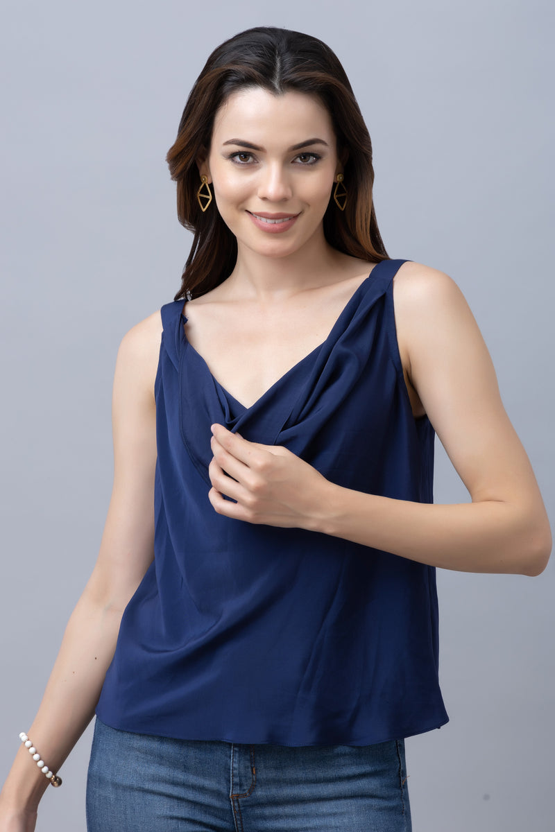 Navy Blue Crepe Cowl Top